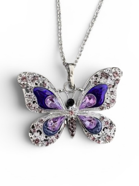 Jewelry - New Silver Butterfly Pendant Necklace with Purple Crystals
